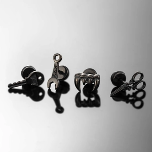 Stainless Steel Stud Earrings Punk Gothic Key Wrench Scissor Fang Shape Black Industrial Hip Hop Jewelry For Men Women