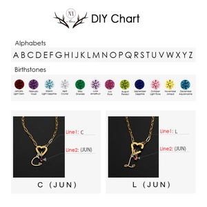 Detail view of custom alphabet charms and birthstones for heart pendant necklace