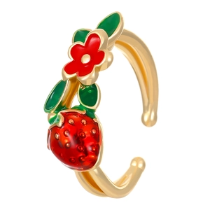 Bague ouverte cerise fraise avec zircon scintillant et détails en émail rouge vif
