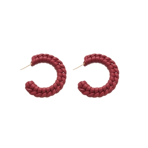 Handmade red braided leather C-shaped hoop earrings with gold needle for women