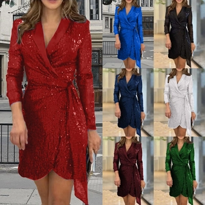 Abito a portafoglio da donna con paillettes e scollo a V in sette colori vivaci