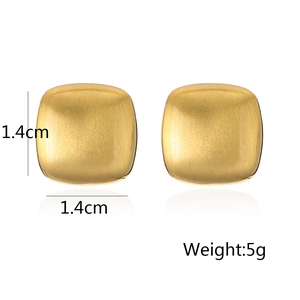 Detail of square gold-plated earrings with brushed texture showing 1.4cm dimensions
