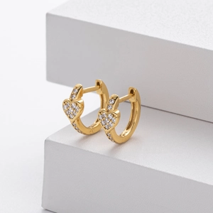 Detailed view of gold plated S925 sterling silver heart earrings with cubic zirconia