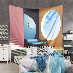 Detailed view of bohemian architectural tapestry hung as a headboard in a cozy bedroom