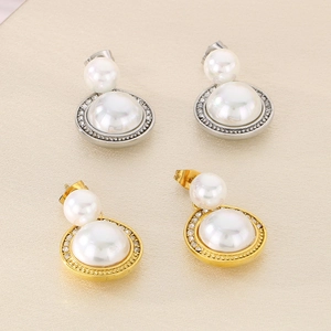 Boucles d'oreilles vintage en acier inoxydable avec perles et diamants en or et argent