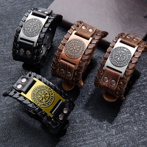 Vintage Viking compass leather bracelets with Vegvisir metal charms for men