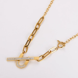 Golden paperclip U-shaped pendant necklace set with sparkling rhinestones and T-bar clasp
