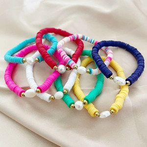 Bohemian Polymer Clay Heishi Beads Bracelet With Natural Baroque Pearl And Gold Steel Beads Summer Beach Jewelry For Women