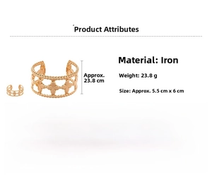 Detailed view of golden iron open bangle featuring hollow clover patterns and dimensions