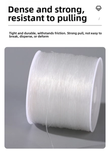 Macro detail of high-elasticity transparent crystal string wound on a white plastic spool