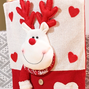 Christmas reindeer knit chair cover with 3D antlers and red nose holiday decoration