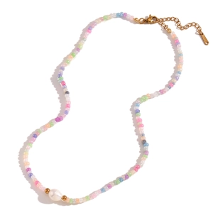 Colorful beaded necklace with freshwater baroque pearl and golden stainless steel beads