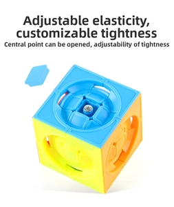 Detail of adjustable tension system and removable center cap on the speed cube toy