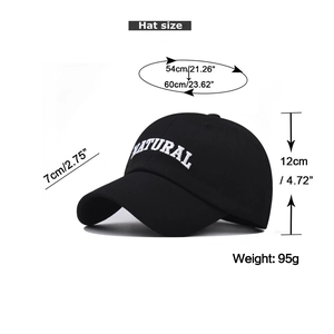 Detailed size specifications for the cotton baseball cap with NATURAL embroidery