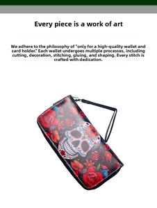 Detailed view of skull and red rose pattern on a long zippered faux leather wallet
