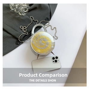 Detail of silver round handbag featuring clock dial design and metallic studs decoration