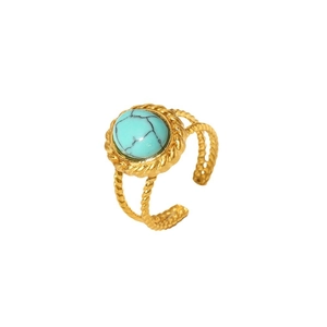 Anello in acciaio inossidabile placcato oro 18K con turchese tonda e trama a treccia