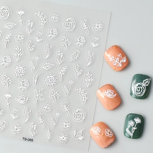 5D white floral embossed nail stickers with hollow leaf and rose designs for manicure