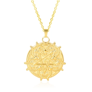 Macro detail of golden stainless steel goat head pentagram pendant with reflective surface