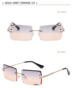 Detail view of rimless square sunglasses with gold metal temples and grey orange gradient lenses