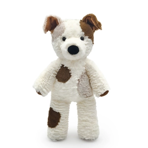 Plush spotted puppy toy with scarf, white and brown stuffed dog for child comfort