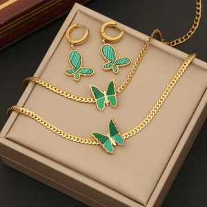 Green Butterfly Pendant Necklace And Bracelet With Earrings Stainless Steel Gold Plated Snake Chain Fashion Jewelry For Women