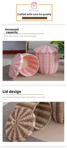 Detail of paper rope woven laundry basket featuring star handle and striped pattern