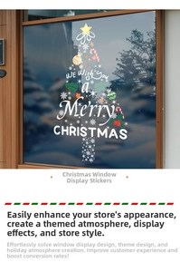 Detail of Christmas tree window decal with festive white lettering and colorful ornaments