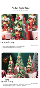 Detailed view of Christmas tree cone gift boxes featuring festive cartoon patterns and bells