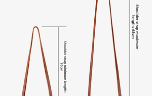 Adjustable brown leather shoulder strap showing minimum 36cm and maximum 68cm length details