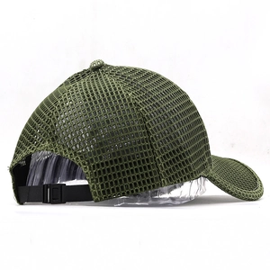 Close-up of adjustable strap and breathable mesh on army green baseball cap