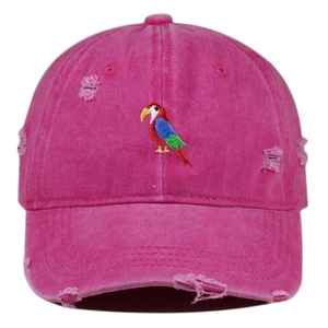 Close-up of colorful parrot embroidery and distressed ripped details on pink baseball cap