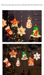 Detail of warm LED Christmas hanging lights featuring stars, snowmen and festive patterns