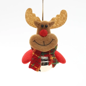 Close-up of reindeer Christmas ornament with brown felt head and silver metal bell
