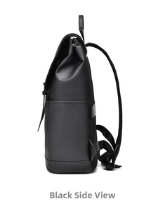 Side view of black travel backpack showing waterproof material and ergonomic shoulder straps