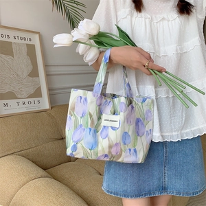 Petit sac en toile vintage avec imprimé tulipes bleues et violettes pour femme