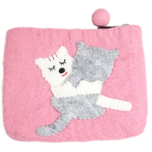 Pink wool felt coin purse with cute embroidered cats and soft pom-pom zipper puller