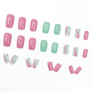 Short square pink and mint green wave press-on nails with 24 pieces in a set