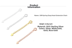 Detail of S925 sterling silver extension chains with heart pendants in four metal colors