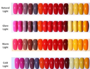 Nail art color palette comparing 12 macaron gel shades under four different light sources