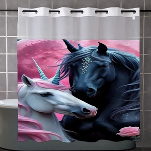 Detail of waterproof polyester shower curtain featuring mystical unicorns and floral patterns