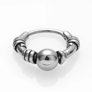Retro silver multi-layer steel hoop earrings with central bead and screw detail decoration
