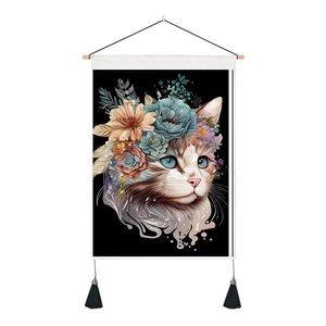 Detail of bohemian cat tapestry with floral crown, wooden rod and black fringe accents