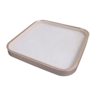 Square rose gold jewelry tray with beige velvet lining for necklace and ring display