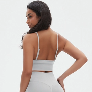 Detail of grey seamless yoga bra with adjustable straps and open back design