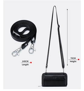 Detail of adjustable 140cm strap with metal hooks for the crossbody phone wallet bag