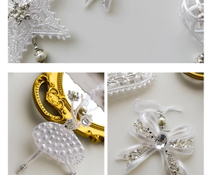 Macro detail of acrylic Christmas ornaments with sparkling rhinestones and pearls