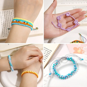 Colorful 3mm acrylic round bead bracelets featuring floral accents and woven patterns