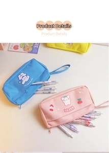 Detail view of large capacity canvas pencil case with cute dog and bunny illustrations