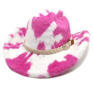 Cappello Da Cowboy Occidentale Peluche Ecopelliccia Stampa Muccata Tesa Larga Inverno Per Donna Uomo Con Corda
